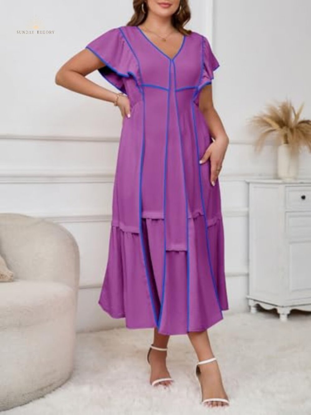 Wenrine 100% Polyester V Neck Midi Dress Ruffle Sleeve Loose Fit Flowy Casual - Picture 4 of 6